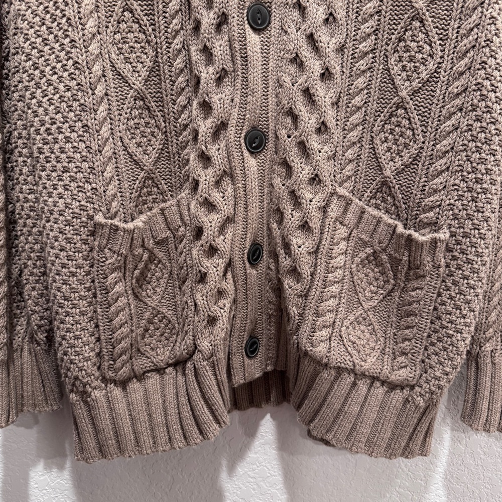 LLBean Signature Fisherman Cable Knit Sweater Cardigan Grandpa Cotton Brwn Tan L - Picture 8 of 16